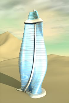 A modern skyscraper in a desert landscape. 3D rendered Illustration.