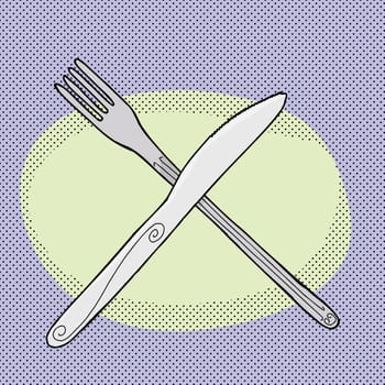 Hand drawn knife and fork over blue background