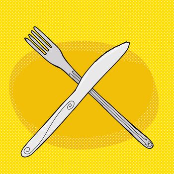 Cartoon knife over fork on halftone yellow background