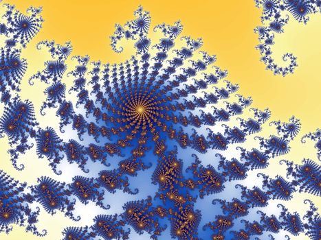 Digital computer graphic - rendering. Patterned fractal background with spirals in a blue colors for design.