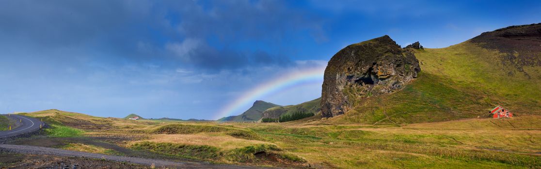 Beautiful Rainbow in Reykjavik area in Iceland. Panorama