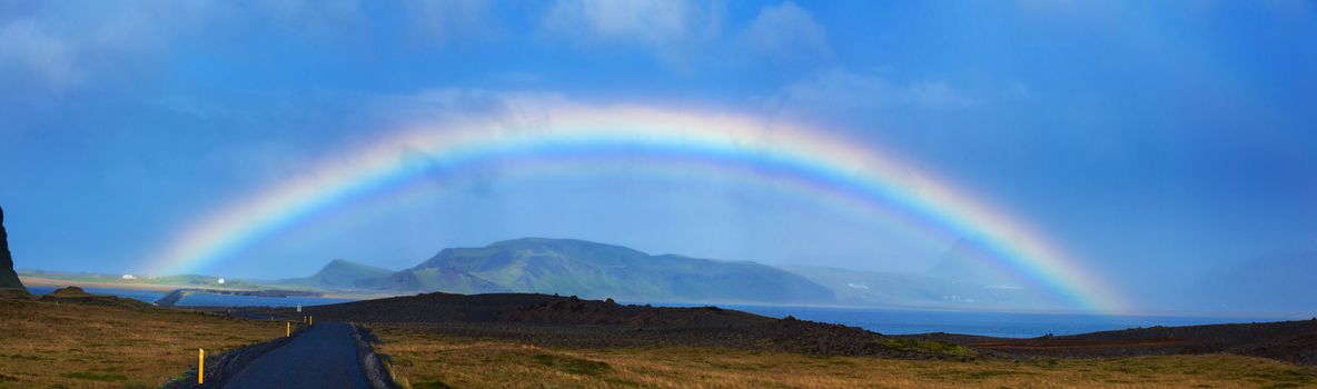 Beautiful Rainbow in Reykjavik area in Iceland. Panorama