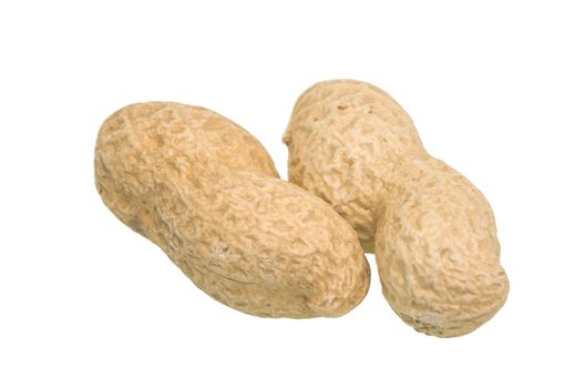 Two peanuts on a white background, close image