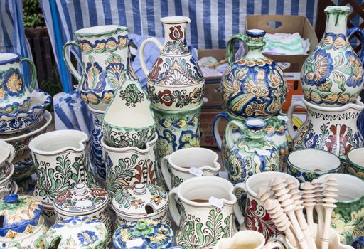 Romanian traditional handcrafted pottery plates and jugs