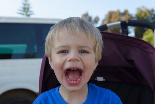 Portrait of happy little boy with his mouth open