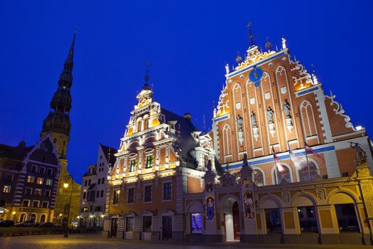 The beautiful House of the Blackheads and St. Peter's Curch in Riga, Latvia.