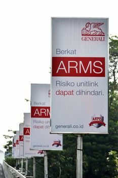 bandung, indonesia-july 3, 2014: generali insurance banner that displayed in pasupati bridge bandung, west java-indonesia.