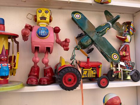 Retro vintage traditional toys made of tin in a shop display