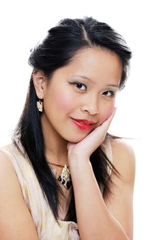 Asian woman posing for portrait smiling and looking happy