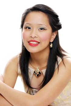 Asian lady looking happy and smiling with black hair