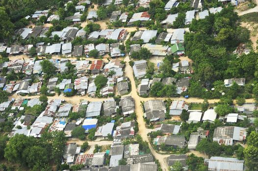 Aerial view of local house in Pattaya City, Chonburi, Thailand.