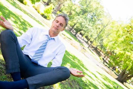 Mature businessman doing yoga on grass in park
