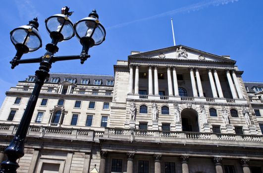 The impressive facade of the Bank of England located in the City of London.