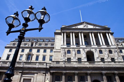 The impressive facade of the Bank of England located in the City of London.