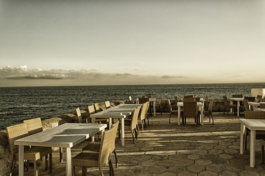 Restaurant on La Puritate (that is the purity) view: the beach of the old town of Gallipoli (Le) in the southern of Italy
