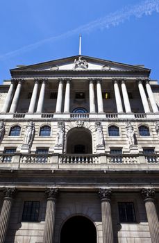 The impressive facade of the Bank of England located in the City of London.