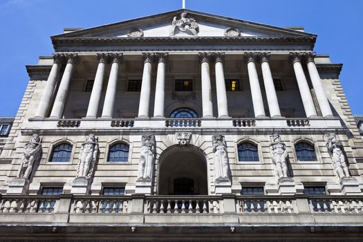 The impressive facade of the Bank of England located in the City of London.