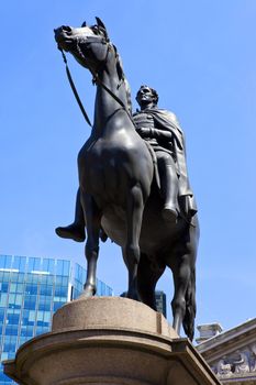 The Duke of Wellington statue situated outside the Bank of England in London.