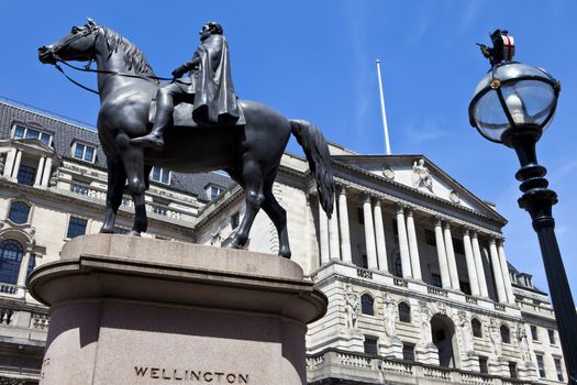 The Duke of Wellington statue situated outside the Bank of England in London.