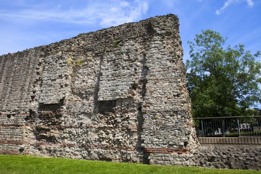 Remains of London Wall which was a defensive structure first built by the Romans around London in the 2nd and 3rd Centuries AD.