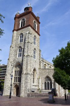 The historic St. Giles Without Cripplegate Church located in the Barbican Estate in London.