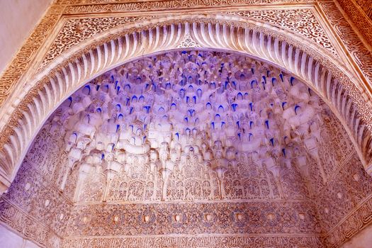 Alhambra Courtyard Moorish Arche Blue White Wall Patterns Designs Granada Andalusia Spain  