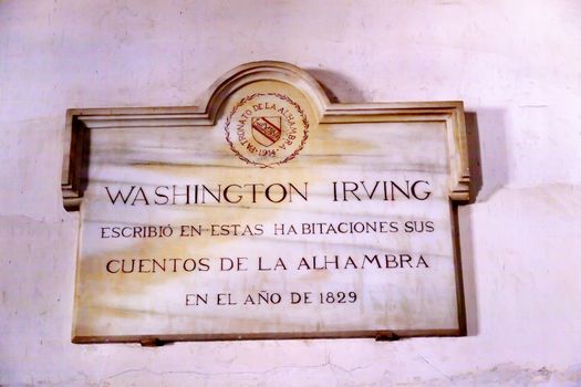 Washington Irving Plaque Wall Alhambra Granada Andalusia Spain  Room where Washington Irving, famous American, author,  Lived and Wrote about Granada and Spain