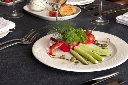 Beautiful decorated table. Tasty and beautiful food in a restaurant