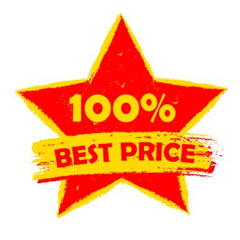 100 percentages best price in star - text in yellow and red drawn label, business shopping concept
