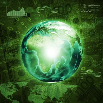 Earth, world map and graphs on money background. Business concept. Elements of this image are furnished by NASA