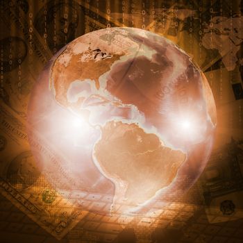 Earth, world map and keyboard on money background. Business concept. Elements of this image are furnished by NASA