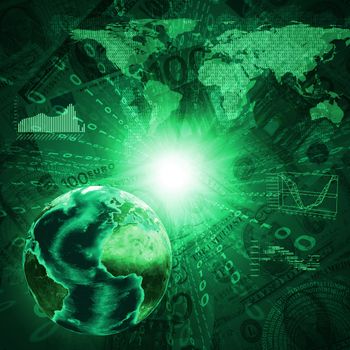 Earth, world map and graphs on money background. Business concept. Elements of this image are furnished by NASA