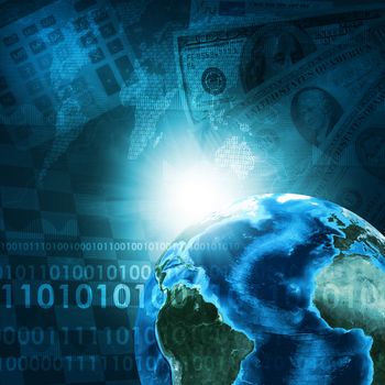 Earth, world map and calculator on money background. Business concept. Elements of this image are furnished by NASA