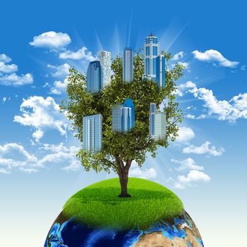 Earth and tree with buildings. Elements of this image are furnished by NASA