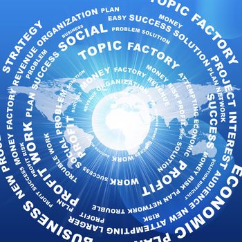 Business words against world map. Blue background