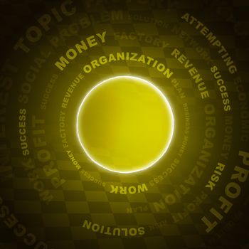 Business words and yellow circle. Dark background