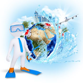 3d diver near the Earth with houses and trees. Elements of this image are furnished by NASA
