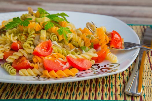 Pasta with vegetables. Close up