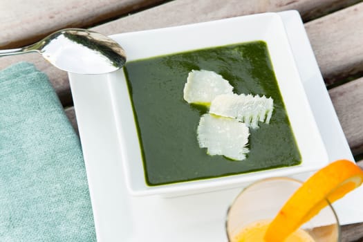 spinach cream soup with parmesan.Top view