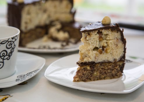 A piece of homemade cake with ricotta, nuts and chocolate on the white plate