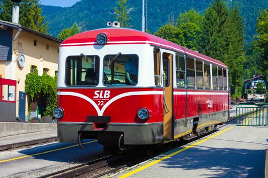 ST. WOLFGANG, AUSTRIA - AUGUST 6: Diesel locomotive of a vintage cogwheel railway going to Schafberg Peak (1783m) on August 6, 2013 in St. Wolfgang.