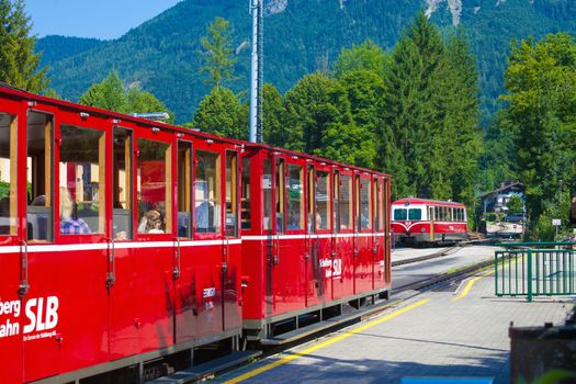ST. WOLFGANG, AUSTRIA - AUGUST 6: Diesel locomotive of a vintage cogwheel railway going to Schafberg Peak (1783m) on August 6, 2013 in St. Wolfgang.