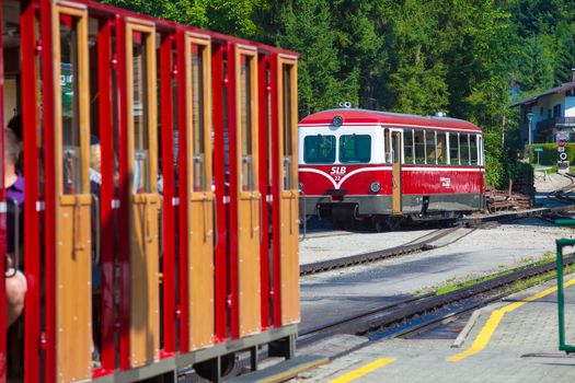 ST. WOLFGANG, AUSTRIA - AUGUST 6: Diesel locomotive of a vintage cogwheel railway going to Schafberg Peak (1783m) on August 6, 2013 in St. Wolfgang.