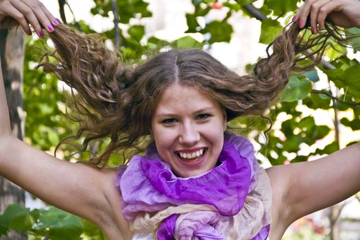 Photo of European beautiful woman with upward hair