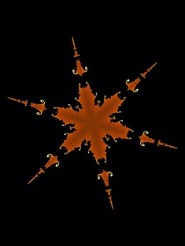 Digital computer graphic - patterned fractal snowflake on a black background for design.