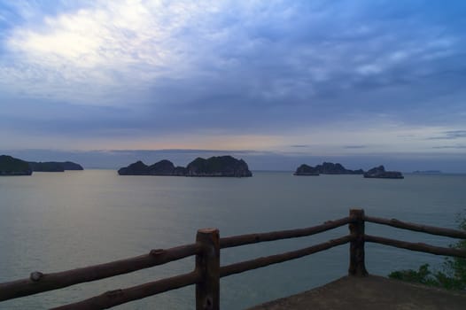 Dawn. View from Cat Ba Island in Ha Long Bay, Vietnam. 