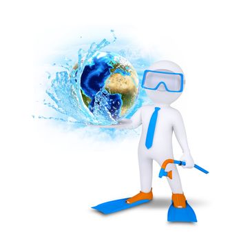 3d diver hold Earth with water splash. Elements of this image are furnished by NASA