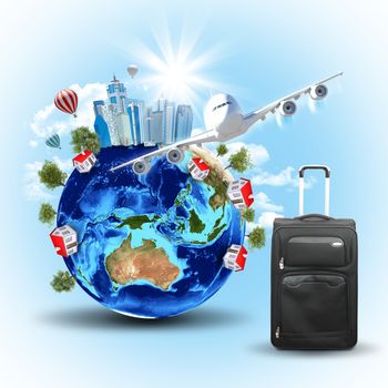 Earth with buildings, airplane and voyage bag. Elements of this image are furnished by NASA