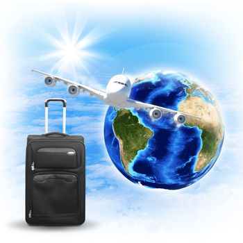 Earth with airplane and voyage bag. Elements of this image are furnished by NASA