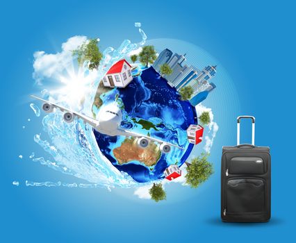 Earth with buildings, airplane and voyage bag. Elements of this image are furnished by NASA